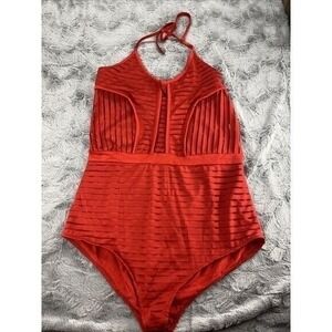 Red Striped Halter One Piece Swimsuit Sexy Cutout Womens Size XL
